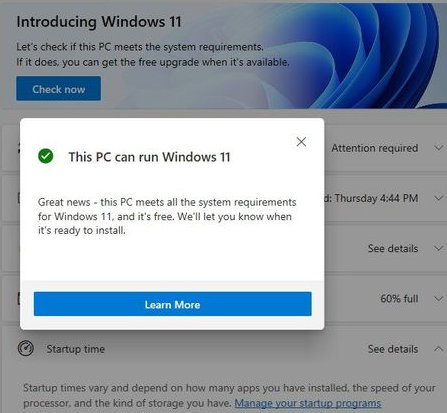 PCHealth应用程序表示它们将与Windows11不兼容