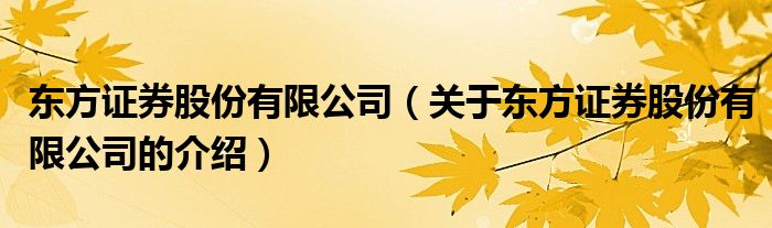 东方证券股份有限公司（关于东方证券股份有限公司的介绍）