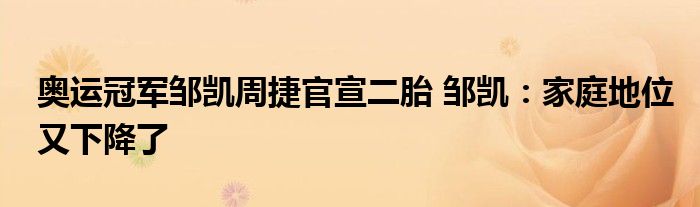 奥运冠军邹凯周捷官宣二胎 邹凯：家庭地位又下降了