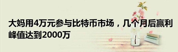 大妈用4万元参与比特币市场，几个月后赢利峰值达到2000万