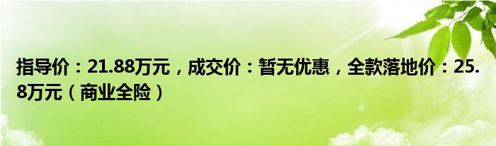 指导价：21.88万元，成交价：暂无优惠，全款落地价：25.8万元（商业全险）