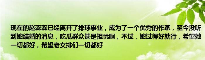 现在的赵蕊蕊已经离开了排球事业，成为了一个优秀的作家，至今没听到她结婚的消息，吃瓜群众甚是担忧啊，不过，她过得好就行，希望她一切都好，希望老女排们一切都好