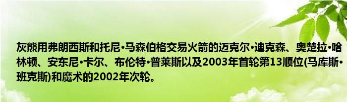 灰熊用弗朗西斯和托尼·马森伯格交易火箭的迈克尔·迪克森、奥楚拉·哈林顿、安东尼·卡尔、布伦特·普莱斯以及2003年首轮第13顺位(马库斯·班克斯)和魔术的2002年次轮。