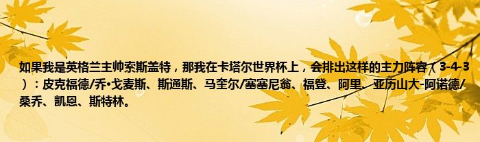 如果我是英格兰主帅索斯盖特，那我在卡塔尔世界杯上，会排出这样的主力阵容（3-4-3）：皮克福德/乔·戈麦斯、斯通斯、马奎尔/塞塞尼翁、福登、阿里、亚历山大-阿诺德/桑乔、凯恩、斯特林。