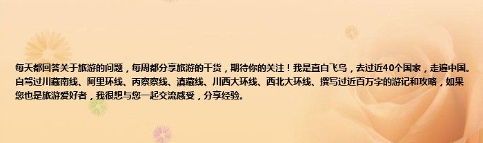 每天都回答关于旅游的问题，每周都分享旅游的干货，期待你的关注！我是直白飞鸟，去过近40个国家，走遍中国。自驾过川藏南线、阿里环线、丙察察线、滇藏线、川西大环线、西北大环线、撰写过近百万字的游记和攻略，如果您也是旅游爱好者，我很想与您一起交流感受，分享经验。