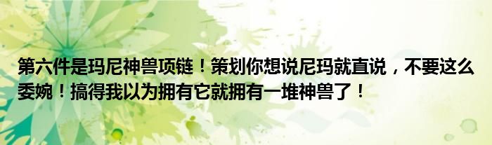 第六件是玛尼神兽项链！策划你想说尼玛就直说，不要这么委婉！搞得我以为拥有它就拥有一堆神兽了！