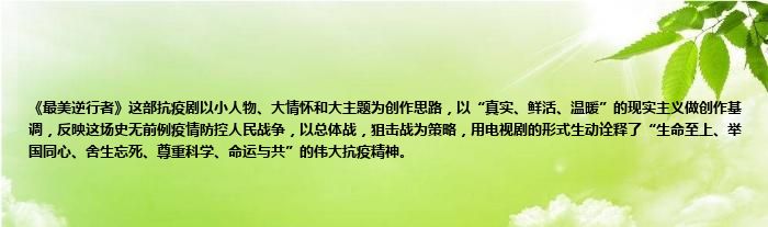 《最美逆行者》这部抗疫剧以小人物、大情怀和大主题为创作思路，以“真实、鲜活、温暖”的现实主义做创作基调，反映这场史无前例疫情防控人民战争，以总体战，狙击战为策略，用电视剧的形式生动诠释了“生命至上、举国同心、舍生忘死、尊重科学、命运与共”的伟大抗疫精神。