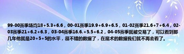 99-00赛季场均18+5.3+6.6，00-01赛季19.9+6.9+6.5，01-02赛季21.6+7+6.4，02-03赛季21+6.2+6.3，03-04赛季16.6.+5.5+6.2，04-05赛季就被交易了，可以看到那几年他就是20+5+5的水平，很不错的数据了，在魔术的数据我们就不再去看了。