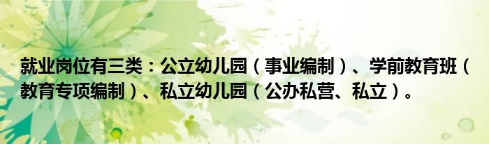 就业岗位有三类：公立幼儿园（事业编制）、学前教育班（教育专项编制）、私立幼儿园（公办私营、私立）。