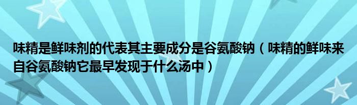 味精是鲜味剂的代表其主要成分是谷氨酸钠（味精的鲜味来自谷氨酸钠它最早发现于什么汤中）